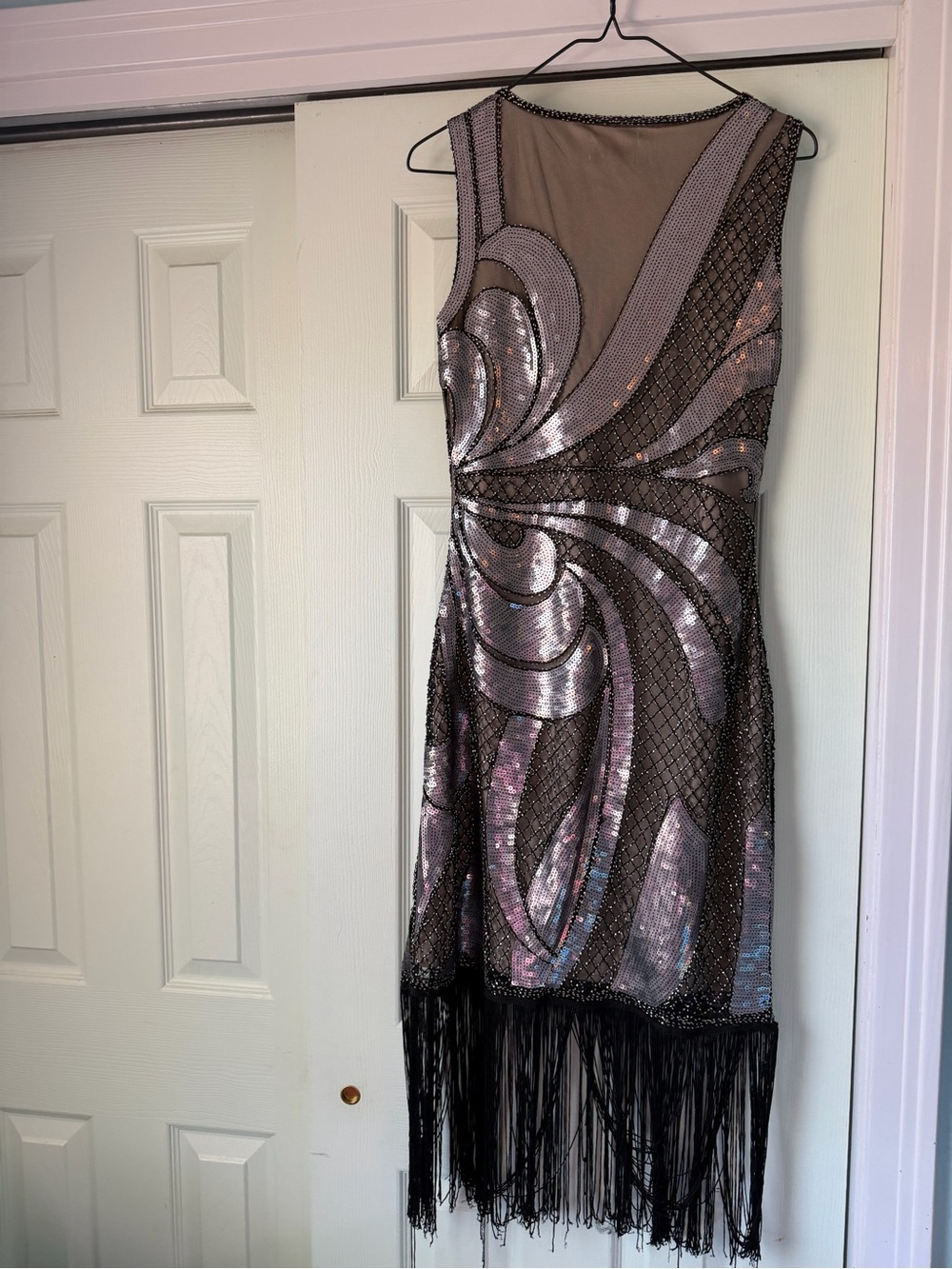 Unique Vintage Silver and Black Sequin Fringe Mini Dress - Picture 2 of 2